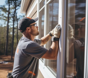 Construction worker in protective gloves installing sliding window in new house
